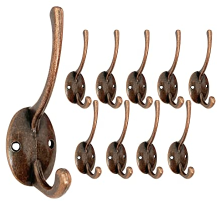 Beilala Coat Hooks for Door, 10 Pack Copper Vintage Wall Hooks Double Prong Metal for Bedroom, Bathroom, Kitchen, Office, Toilet, Garage