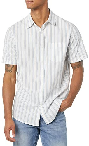 Amazon Essentials Men's Short-Sleeve Stretch Poplin Shirt (Available in Big & Tall), Blue Grey White Stripes, M