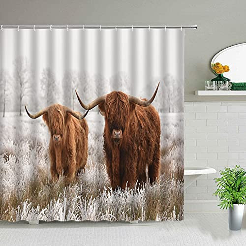 SAJEGBJ 3D Duschvorhang Waschbar Badvorhänge Grünland Tiere Yak 3D-Gedruckter Duschvorhang Wasserdichtes Polyestermaterial 12 Haken Badezimmerzubehör Wohnaccessoires 90X180Cm