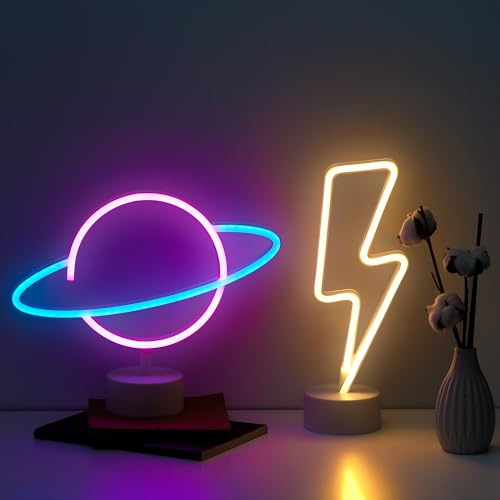NELUX Confezione da 2 Fulmine e Pianeta - Lampada Neon LED Gaming, Luci Neon, Insegna Luminosa LED Camera Decorazioni Gamer, Scritta Luce Lettere Insigne Luminose Muro. Connessione USB o batterie
