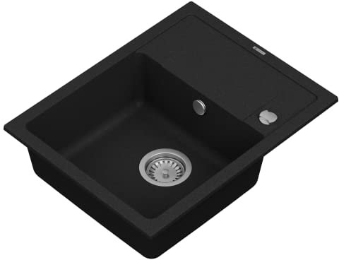GRANMASTER Smart Spülbecken Küche - mit 1 Becken - Granitspüle mit Siphon Waschbecken Küche - Einbauspüle Arbeitsplatte Küchenspüle 67x44x16,4 cm Spüle Schwarz mit Abtropffläche