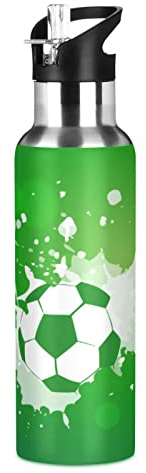 KAAVIYO Ballon De Foot Graffiti Vert Bouteille d'eau Isotherme avec Paille en Acier Inoxydable Gourde 600ML Water Bottle pour Sport Randonnée