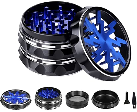 TIRIRS 6,3 cm, 4 Stück, transparente Oberseite Kräutermühle – Aluminium Gewürzmühle mit Pollenschaber und Reinigungsbürste – Schwarz und Blau.