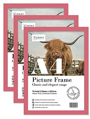 Almost Frameless A4 Pink Picture Frame Set of 3, Display A4 Picture Gallery Wall, Poster, Photo, Artwork, or Print, Pink