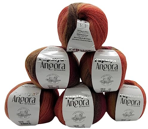 6 x 100 g Strickgarn Papatya Angora mehrfarbig mit Farbverlauf, 600 Gramm Strickwolle bunt mit Merino, Farbverlaufsgarn (beere terrakotta braun u.a. 556-60)