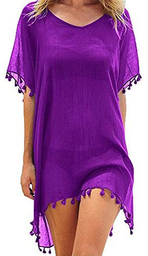 Edhomenn Women Chiffon Beachwear Tassel Bikini Cover Up Short Beach Dress Solid See-Through Swimsuit Summer Casual Swimwear (Purple, One Size)
