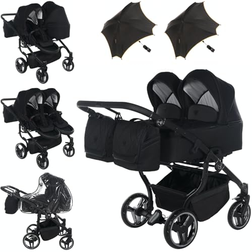 Original Junama Duo, V3, 2-in-1 Geschwisterwagen + Original Regenschirme Exclusive Prams (04 Schwarz))