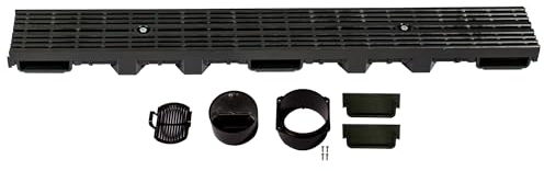 ScarMaxx - A15 Entwässerungsrinne Set - Bodenrinne - Regenwasser-Ablauf - Abfluss mit Gitter - Drainagekanal - Flach - Kunststoff - Bauhöhe 60mm - mit Längsstabrost Line Schwarz - 1m