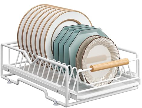 Gzsekken Dish Drying Rack, Pull Out Dish Racks with Drip Tray & Non-Scratch Plate Rack,Metal Dish Drainers with Wooden Handles, Heavy Duty Slide Out Pantry Drawers for Countertop Organizer,White