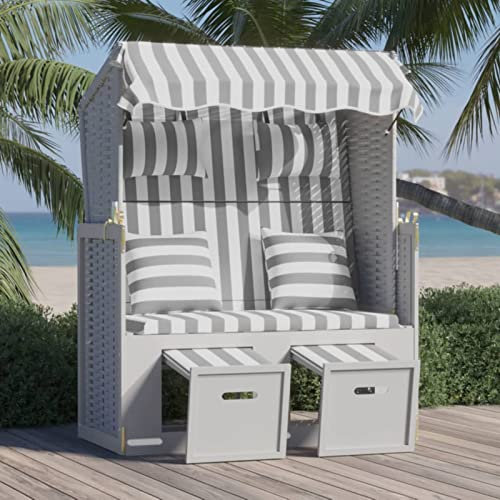 Rantry Chaise de plage avec coussin, lit de soleil, chaise longue, meuble de jardin, 3 positions, dossier réglable avec repose-pieds, en polyrotin et bois massif, gris et blanc