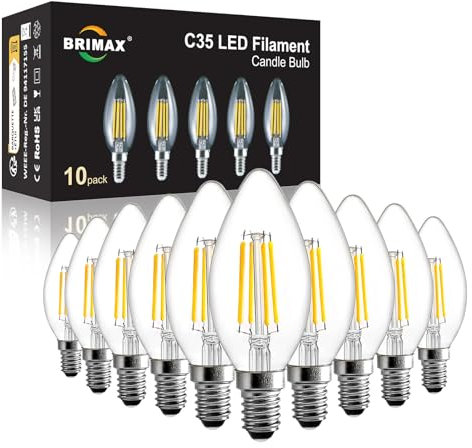 BRIMAX 10 Stück E14 Kerzen LED Birne Warmweiss 2700K 4W=40W Leuchtmittel E14 C35 Led Lampe 380lm AC230V Klar Glass Led Ersatzbirnen E14 für Kronleuchter Tischlampen Wandlampen nicht dimmbar