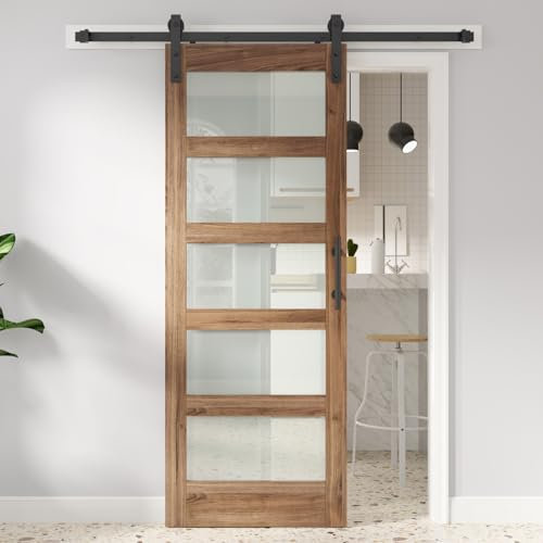 FREDBECK Porta da fienile in vetro da 81,3 x 203,2 cm con kit hardware per porta scorrevole da 1,5 m con maniglia inclusa, pannello in legno di vetro smerigliato a 5 pannelli, superficie impermeabile,