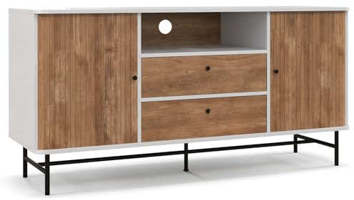 GYMAX Sideboard, rustikaler TV-Schrank mit 2 Schubladen, 2 Schiebetüren & 1 offenem Regal, Buffetschrank mit Metallbeinen & Kippschutz, für Wohnzimmer & Küche, 150 x 45 x 74 cm, Weiß+Natur