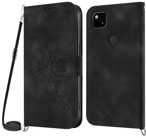 Netany Handykette Hülle für Google Pixel 4A, Handyhülle für Google 4A Hülle mit Kette Klappbar, PU Leder Necklace Klapphülle und Umhängeband Lanyard Flip Stoßfest Schutzhülle mit Band (Schwarz)