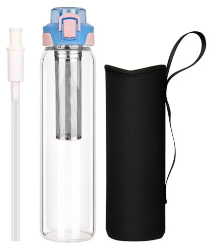 DEARRAY 1l / 1 litro Borraccia Acqua Vetro con Cannuccia & Infusore in Acciaio Inossidabile, 1000ml Bottiglia Vetro Trasparente con Guaina Protettiva in Neoprene Per Tè, caffè