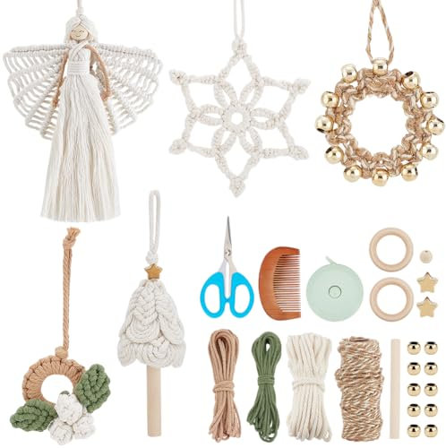 BEUNITONE DIY Makramee Weihnachtsschmuck Mini Weihnachts Türklinkenaufhänger Ornamente Für Erwachsene Und Anfänger Bastelset Schneeflocken Hänge Makramee Set Mit Anleitung Für Die Hängende Dekoration
