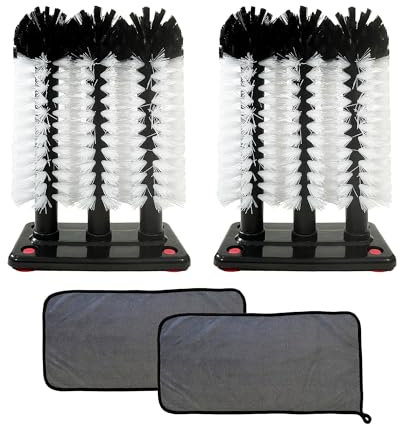 Glaswaschbürste – 2 Stück – 3 Bürstenbalken Glasreiniger – Bürsten für große Tassen, Gläser und Flaschen – Saugnäpfe für stabilen Halt auf Spüle, Bar und Küchenplatte – inklusive 2 x Reinigungstücher