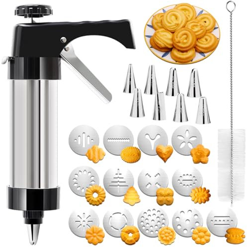 Gebäckpresse,Spritzgebäck Presse,Garnierspritze,Gebäkpresse Für Spritzgebäck,Spritzgebäck Presse,Kekspresse,Spritzgebäck Maschine,Gebäckpresse Edelstahl Mit 13 Schablonen Und 8 Spritzaufsätzen