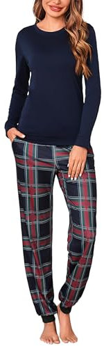 Aseniza Ensemble de Pyjama Femme Coton Hiver Vêtement de Nuit Manche Longue 2 Pièces Bas de Pyjama Carreaux Col Ronde pour Femme Bleu Foncé, XL