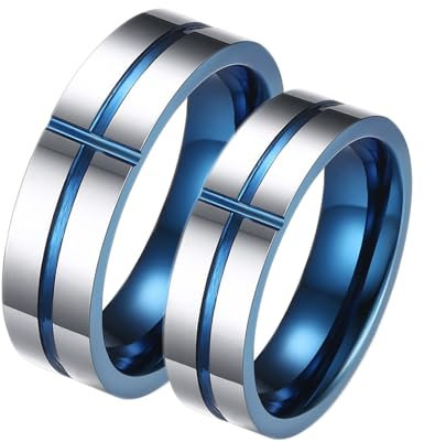 Verlobungsring Paar Echt Silber, Ring Zirkonia Blau 2 er Wolfram 6mm Schwarzer Gebürsteter Ring mit Abgeschrägter Kante Bandring
