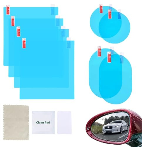 8 Pack Car Rearview Mirror Film, Car Mirror Film Anti-Fog Glare Rainproof, Waterproof Nano Coating Films for Side Mirrors and Windows, for Safe Driving in Rainy Conditions, Installation Kit Included