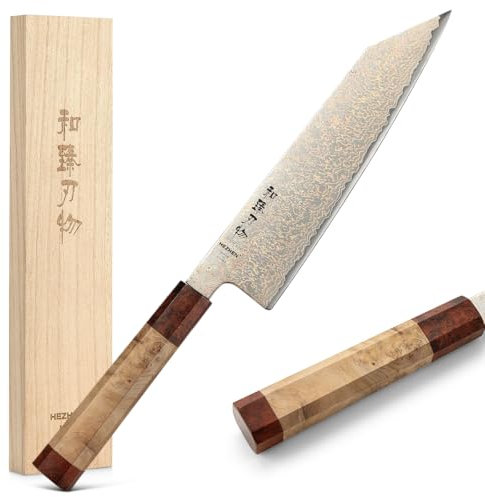 HEZHEN Coltello da Kiritsuke Damasco, Coltello da Cucina in Acciaio Damasco Coltello da Bunka, Manico Ottagonale in Legno