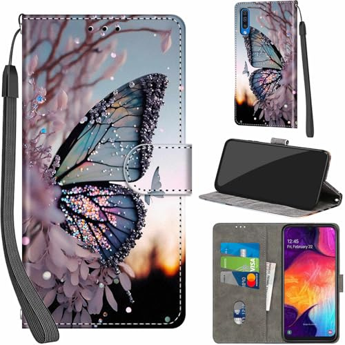 Handyhülle für Samsung Galaxy A50 Klapphülle Leder Wallet Schmetterling | 3 Kartenfächer & 1 Geldfach, Magnetverschluss, Ständerfunktion, robuste premium PU leder klapphülle für Samsung A50