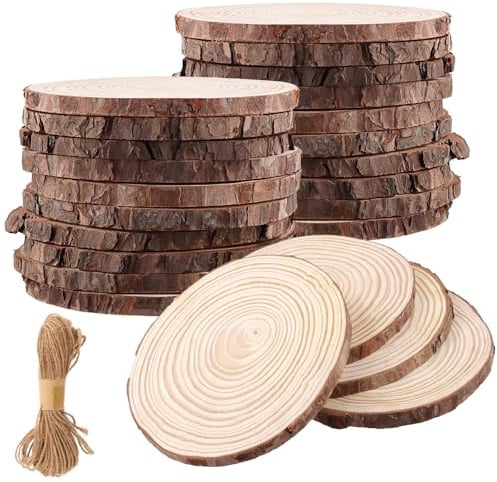 CHUENKUK 24 Stück Holzscheiben 14-16 cm, Baumscheiben mit Juteschnur, Holzkreise Naturholzscheiben für DIY, Deko