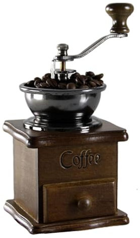 Manueller Kaffeegrinder, Holzkübel, kleine Bohne, Antik-Eisen-Hand, 16,6 x 8,9 x 9,4 cm, mit Grind-Einstellungen und Fangbehälter, Vintage-Kaffeemühle für Zuhause, 500 g