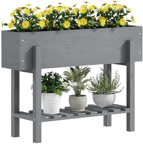 Outsunny Wooden Raised Garden Bed, Elevated Planter Box with Bed Liner, Drainage Holes and Storage Shelf, Raised Planter for Vegetables, Flowers, Herbs, 100 x 30 x 71 cm, Grey
