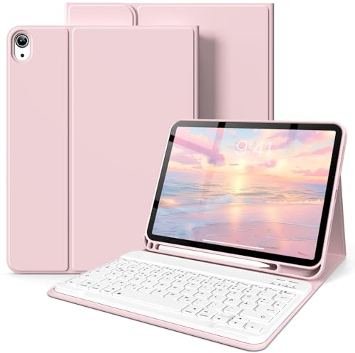 SZPSGC Hülle mit Tastatur für iPad A16 11/10 Gen (2025/2022, 11/10,9 Zoll) | Soft TPU Rückseite Gehäuse, Mit Stifthalter, Magnetisch Abnehmbarer Tastatur, Bluetooth Tastatur mit QWERTZ Layout, Rosa