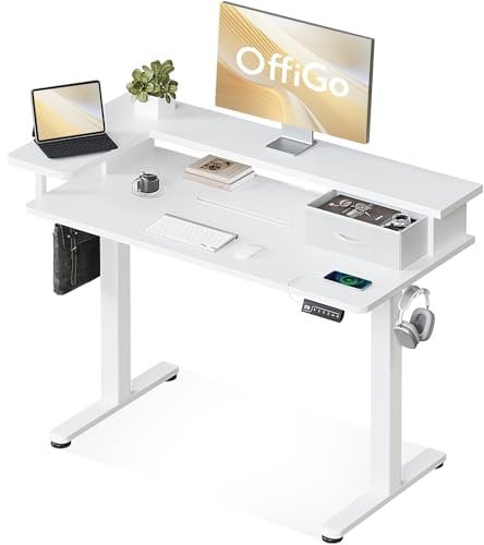 OffiGo Höhenverstellbarer Schreibtisch,Einteilige Tischplatte,120x60 Elektrischer Schreibtisch mit L-Monitorhalterung, Standing Desk mit Schublade, Stehpult mit USB, Ergonomischer Computertisch, Weiß