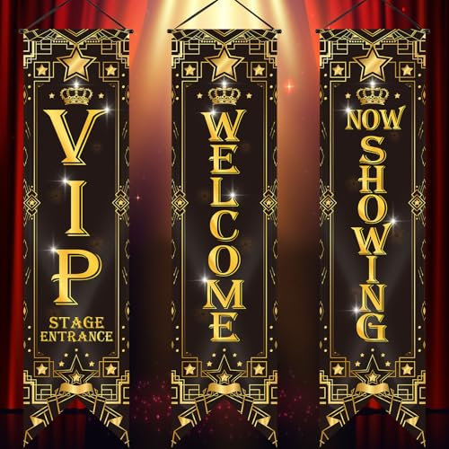 Tegeme Movie Night Porch Sign Banner Movie Theme Party Decorations Theater Welcome Now Showing Light Camera Action Hanging Porch Sign for Home Film Backdrop Party Supplies (Welcome,Black and Gold)