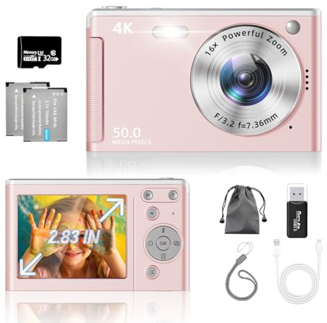 Digitalkamera, Verbesserte UHD 4K 50MP Kamera Fotoappara, 16X Digitalzoom, Anti-Shake, 2,83-Zoll-Bildschirm, 2 Große Batterien, Retro Tragbare Vlog Kamera für Kinder Student Anfänger (Rosa)