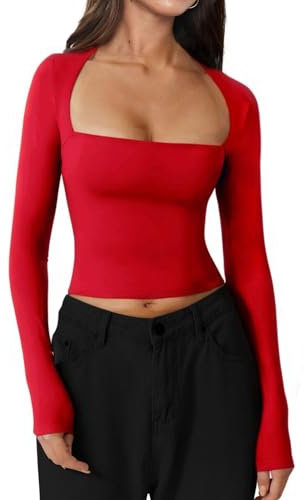 INFITTY Womens Long Sleeve Crop Top Square Neck Basic T-Shirts Going Out Tops Stretch Fitted Summer Skims Dupe Tops Red S