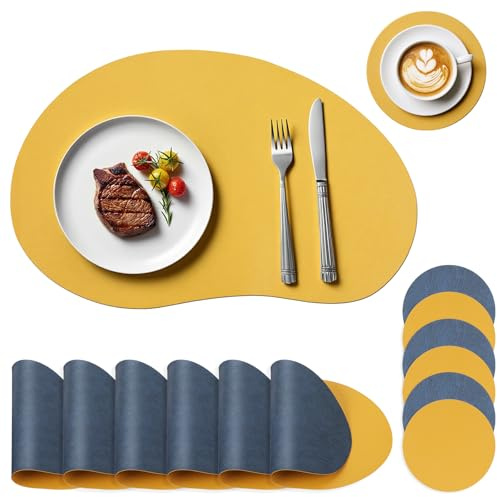 Snorthy Tischsets und Untersetzer 6er Set, Große Kunstleder Untersetzer und Platzsets für Tisch Hitzebeständig Wasserdicht Abwischbar Waschbar Tischsets für Zuhause Restaurant(32 x 50cm) (Blau+Gelb)