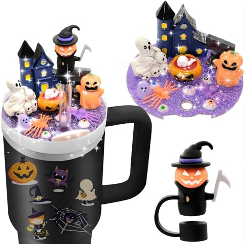 LBU Halloween Stanley Cup Lid Accessories for 40 oz Tumbler Including 1Pcs Silicone Straw Cover Cap Topper + 1Pcs Bling Stanley Lid Topper, Stanley Lid Charms for H2.0 Tumbler Accesorios