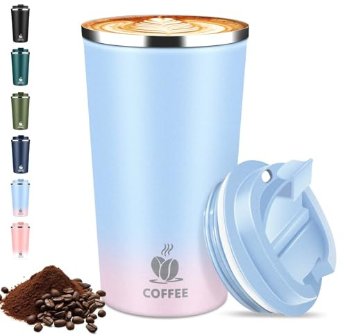 Thermobecher Kaffeebecher to Go - mit Deckel, 510ml Isolierbecher Edelstahl Travel Mug, Auslaufsicherer Thermo Becher für Heiße & Kalte Getränke, Reisebecher für Auto, Büro, Reise (Blau und Rosa)
