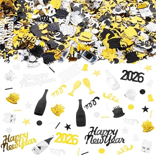 Gleemix 100 Stück Silvester Tischdeko Konfetti, Konfetti Silvester Schwarz Gold Silber, Tischdeko Happy New Year, Neujahr Deko Confetti, Happy New Year 2026 Confetti