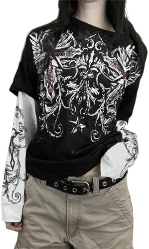 Women Y2k Gothic Fake Two-Piece T-Shirts Vintage Grunge Skull Print Long Sleeve Sweatshirts Punk Blouses Harajuku Streetwear