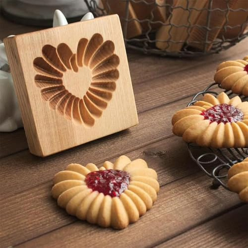 Traditionelle Holz Plätzchenform, Blumenförmiger Keksausstecher mit Prägemuster, 10x10x2cm, für Lebkuchen und