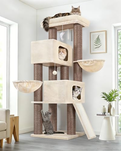 Globlazer S67 Solide Arbre a Chat Poteaux 11 cm pour Maine Coon Grand Chat | Arbres à Chats XXL avec 2 Niches 50cm Plateforme 2 Panier Rampe en Sisal Facile à Monter Gravir Tour à Chat pour Gros Chats