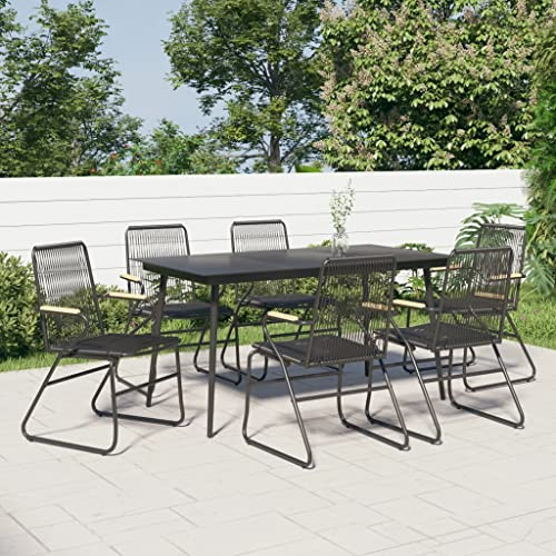 Bucmath 7-TLG. Garten-Essgruppe, Schwarz PVC-Rattan, Esszimmerstuhl mit Armlehnen, Outdoor Möbel Set für Terrasse, Balkon, Garten