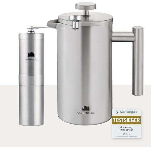 Groenenberg Spar Set 1 | French Press Thermo 1 Liter + Kaffeemühle manuell | Edelstahl Kaffeepresse Kaffeebereiter + Handkaffeemühle