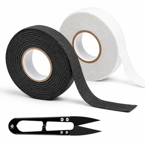 2 Rollen Kabelbaum Gewebeband 20 mm x 15 m, Schwarz & Weiß mit Kabelschere, Hitzebeständiges Kabel Isolierband für Auto, Kfz Gewebeband Schwarz, Stoffklebeband für Kabelbaum und Kabelbündelung