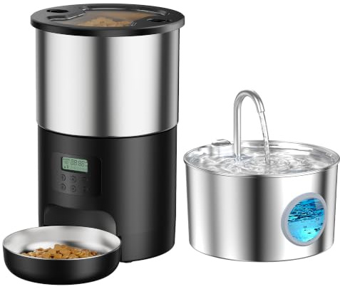 Fuente para Gatos y Comedero Gato Automatico: Acero Inoxidable Bebedero Gatos y Dispensador Comida Gato con Programable Temporizador 4 Comida al Día - 2.2L Dispensador Agua y 5L Alimentador Perro