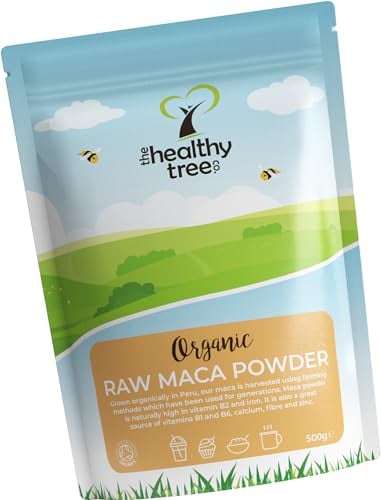 Organic Maca Powder by TheHealthyTree Company for Vegan Smoothies, Oats and Baking - High in Vitamin B2, Fibre, Iron and Calcium - Peruvian Raw Maca Root (500g)