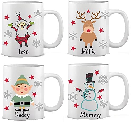 Personalised Christmas name mug with Santa, Reindeer, Elf or snowman Family Coffee hot chocolate mug for Xmas eve box