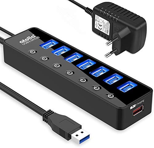 atolla USB Hub Aktiv 3.0 mit Netzteil, 7 Ports USB 3.0 Hub aktiver Datenhub mit Schalter und 1 Intelligenter Charging Port und 20W(5V/4A) Netzteil Adapter