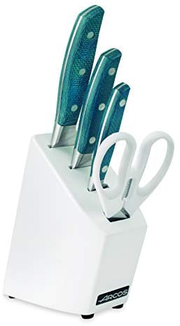Arcos Set Cuchillos Forjados 4 piezas (3 Cuchillos + 1 tijeras) - Acero Inoxidable Forjado NITRUM - Mango Micarta - Bloques Madera Color Azul. Serie Brooklyn. Impresiona yorprencon Cada Corte.